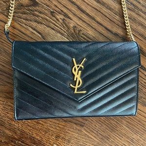 SAINT LAURENT Chain Strap YSL Plaque Grained Leather Wallet Black